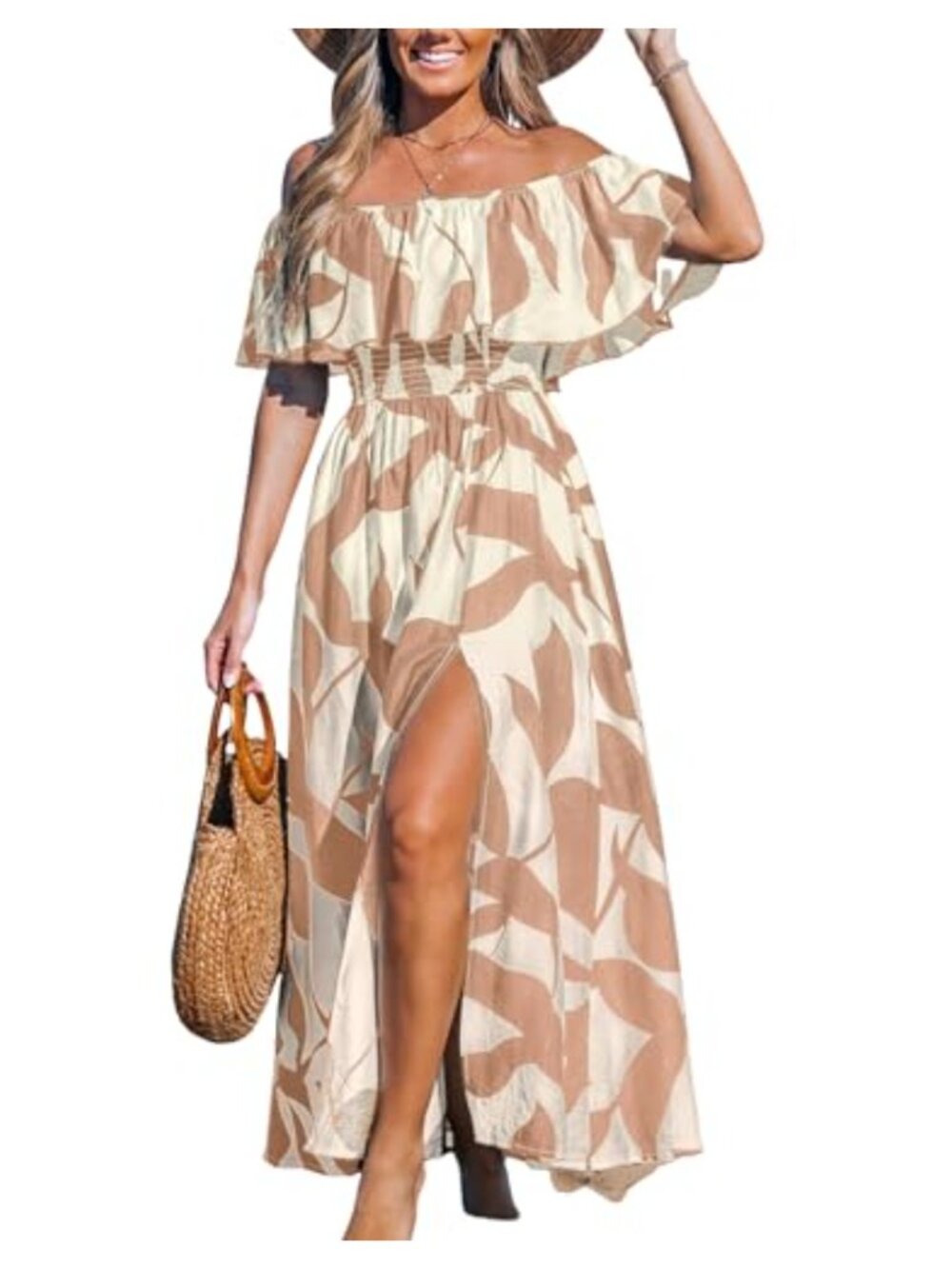 Women's CUPSHE Ruffle Floral Maxi Dress Off Shoulder Smocked Waist Side Slit